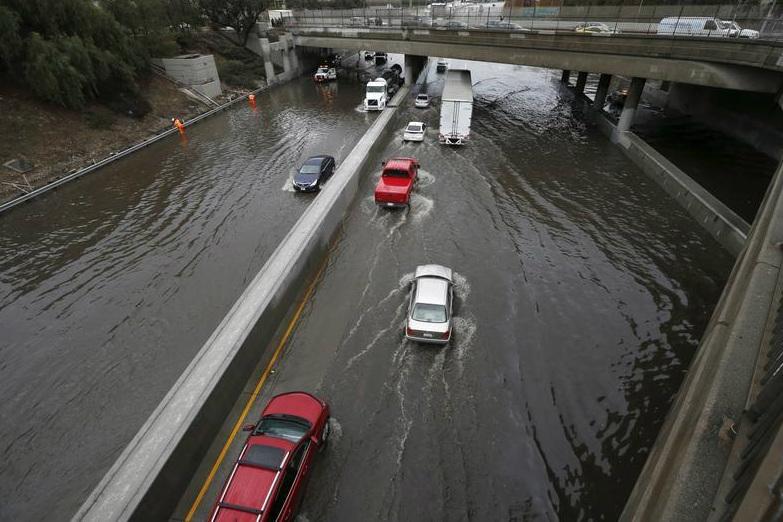 Flooded 5 freeway after an El Niño storm brought rain to Los Angeles California