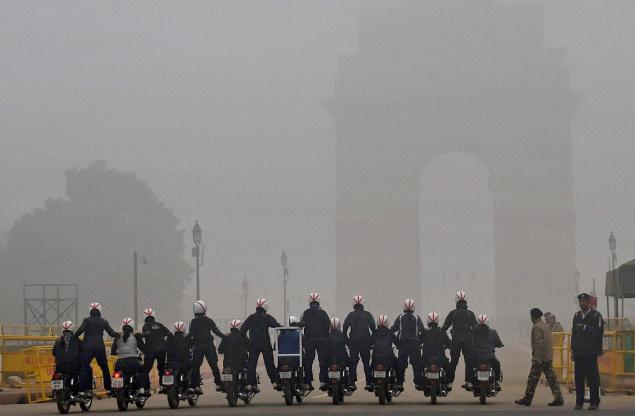 BSF daredevils rehearse for the Republic Day Parade during a foggy morning in New Delhi