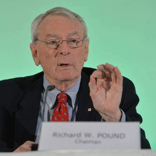 Pound Chairman of WADA's Independent Commission, presents the findings of his Commission's Report surrounding allegations of doping in sport during a press conference in Munich Germany