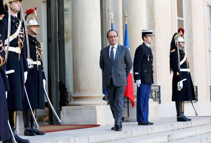 French President Francois Hollande addresses foreign ambassadors at the Elysee Palace in Paris