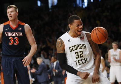 Georgia Tech's Nick Jacobs celebrates in the second half of an upset of Jack Salt left and No. 4 Virginia