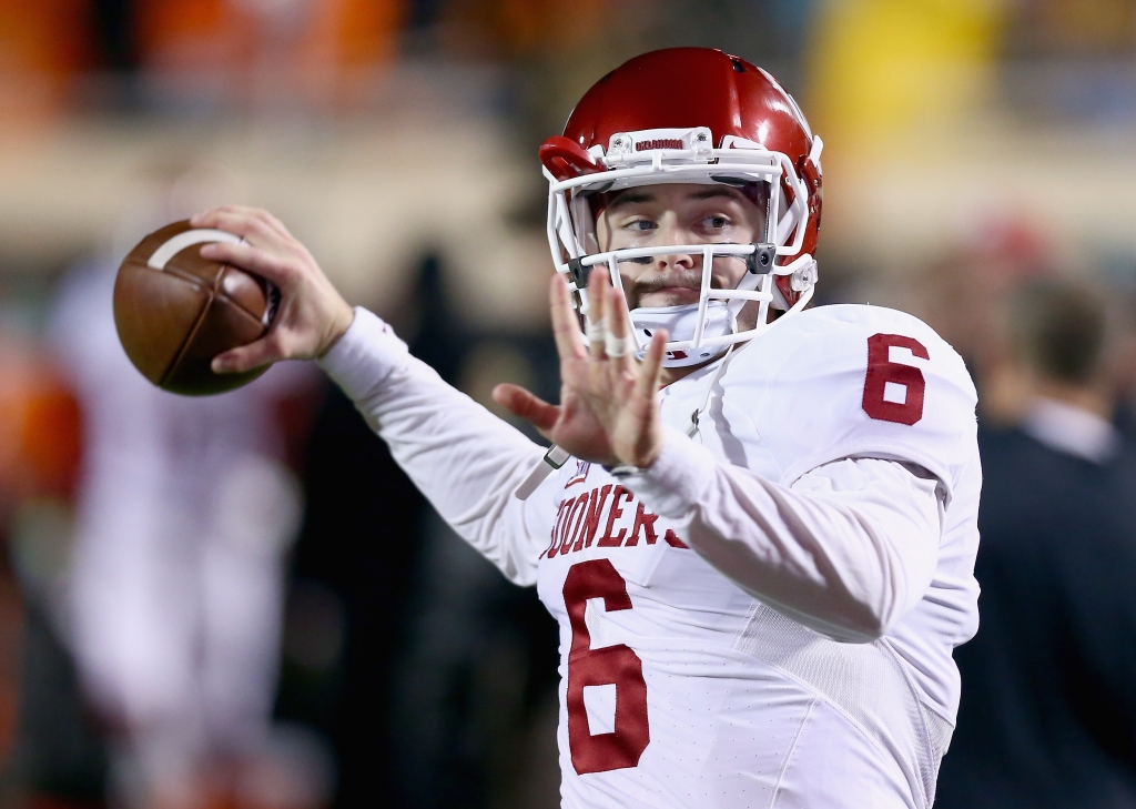 Oklahoma quarterback Baker Mayfield prepares to take on Oklahoma State at Boone Pickens Stadium in Stillwater Oklahoma on Nov. 28 2015