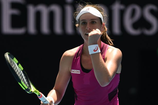 Britain's Johanna Konta celebrates after victory in her women's singles match against Venus Williams of the US