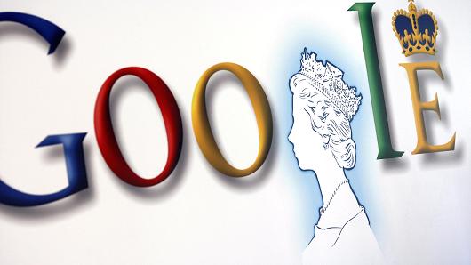 A poster with an image of Britain's Queen Elizabeth II incorporated into the Google's logo