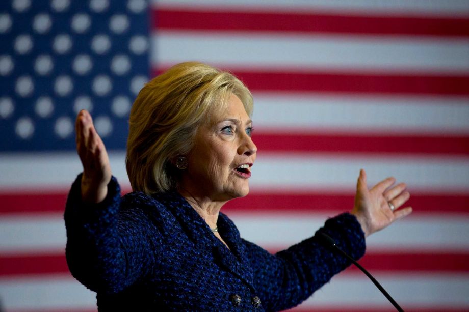 Democratic presidential candidate Hillary Clinton gestures while speaking during a rally on the campus of Simpson College Thursday Jan. 21 2016 in Indianola Iowa