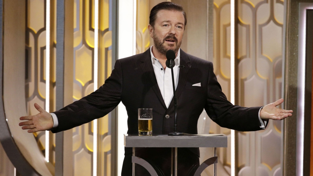 Host Ricky Gervais kept his drink close at hand during Sunday night's Golden Globes ceremony