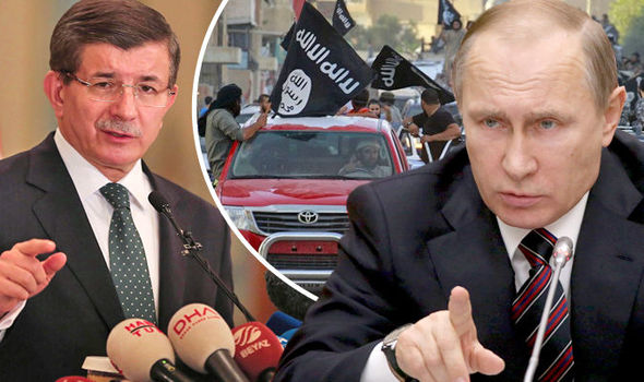 Turkish Prime Minister Ahmet Davutoglu left and Vladimir Putin right