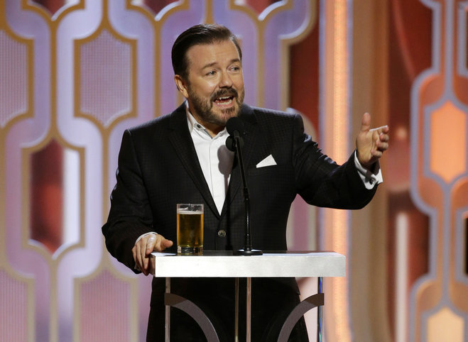 In this image released by NBC host Ricky Gervais speaks at the 73rd Annual Golden Globe Awards at the Beverly Hilton Hotel in Beverly Hills Calif. on Sunday Jan. 10 2016