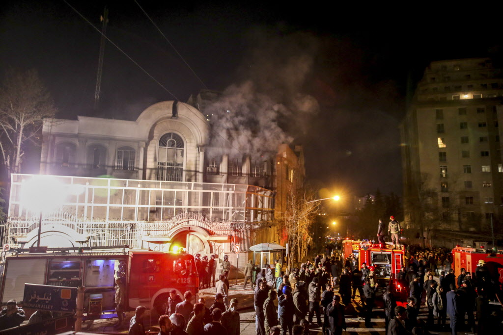 Iranian protesters set fire to the Saudi embassy in Tehran Iran on Jan