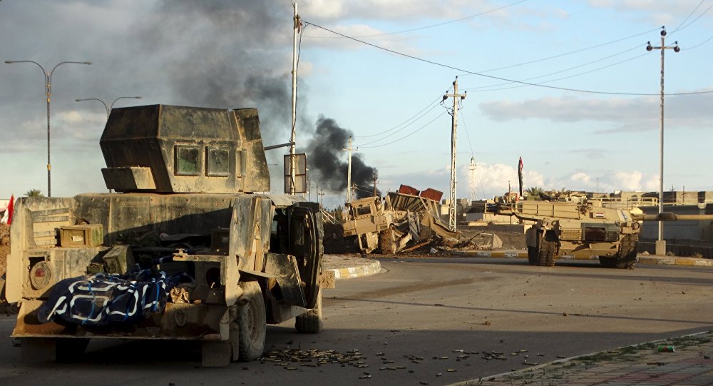 Iraqi security forces vehicles are seen in the city of Ramadi