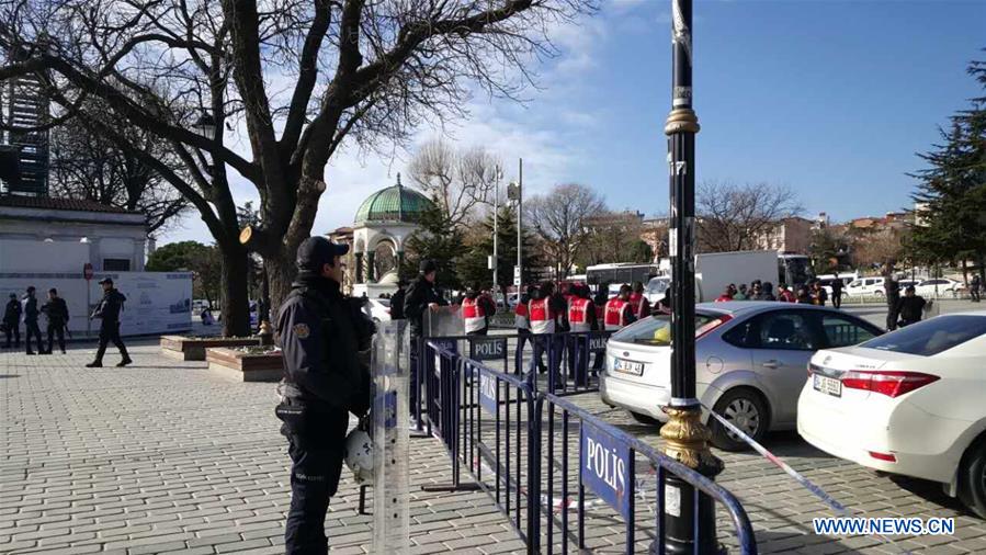 ISTANBUL Jan. 12 2016 - Police cordon off Sultanahmet Square after an explosion here in Istanbul Turkey Jan. 12 2016