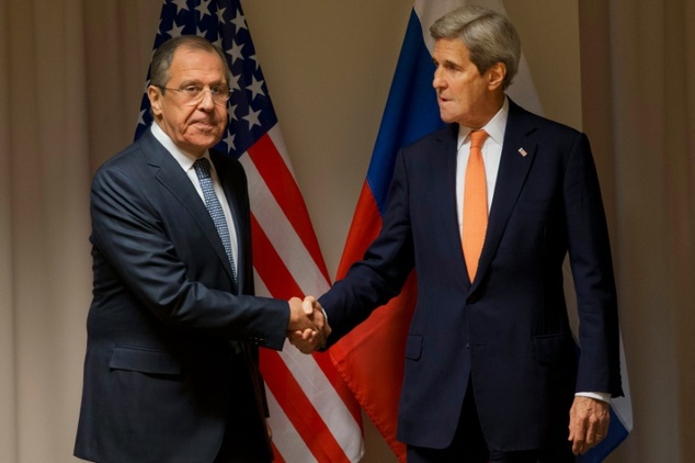 US Secretary of State John Kerry shakes hands with Russian Foreign Minister Sergey Lavrov for talks on the Syria peace process in Zurich before atten