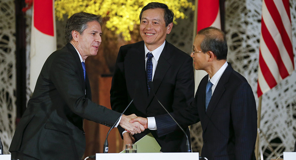 US Deputy Secretary of State Antony Blinken left Japanese Vice Foreign Minister Akitaka Saiki center and South Korean First Vice Foreign Minister Lim Sung-nam attend a joint news conference at Foreign Ministry's Iikura Guesthouse in Tokyo Saturday Ja