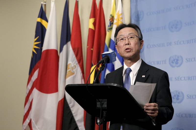 Japanese Ambassador to the United Nations Motohide Yoshikawa speaks at the U.N. headquarters in New York