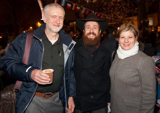 Jeremy Corbyn and Emily Thornberry with Rabbi Mendy Korer at the Jewish festival of lights ceremony in Islington Green last month