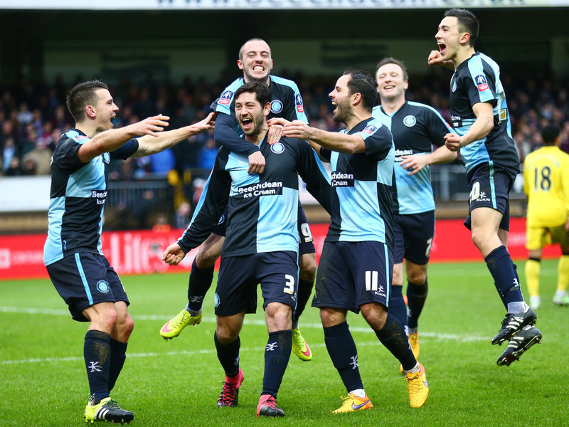 Joe Jacobson of Wycombe Wanderers celebrates scoring his team's equaliser