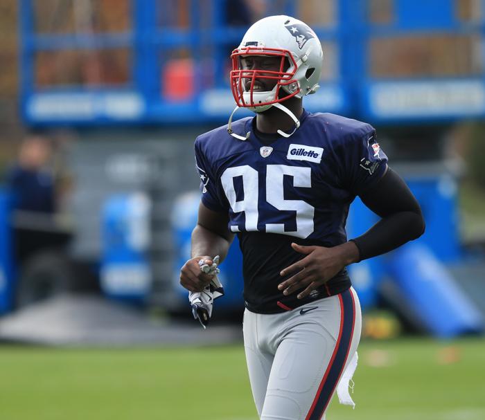 Foxboro Ma 11/05/2015 New England Patriots player #95 Chandler Jones at practice