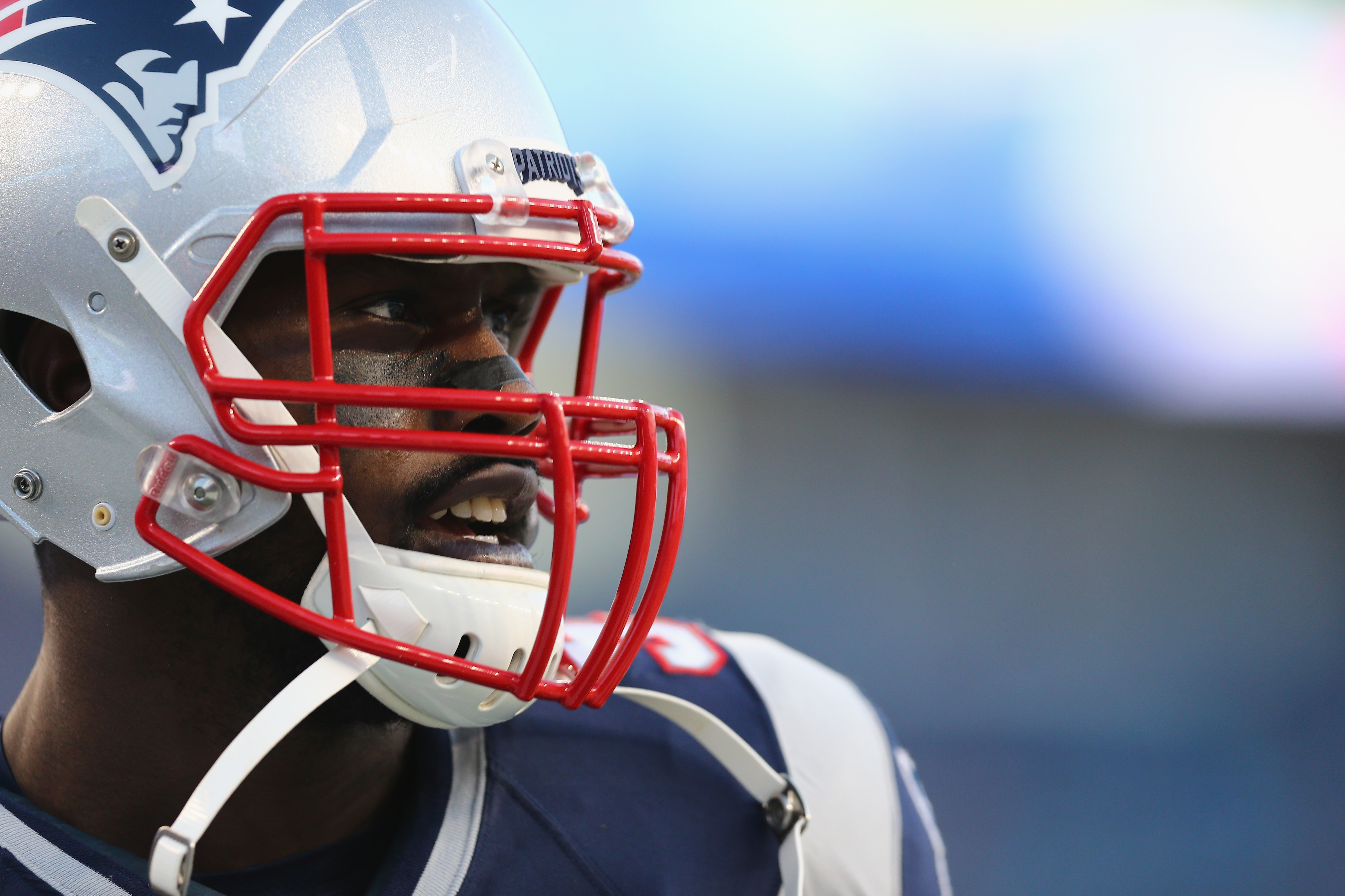 Chandler Jones of the New England Patriots looks on prior to the game against the Philadelphia Eagles at Gillette Stadium