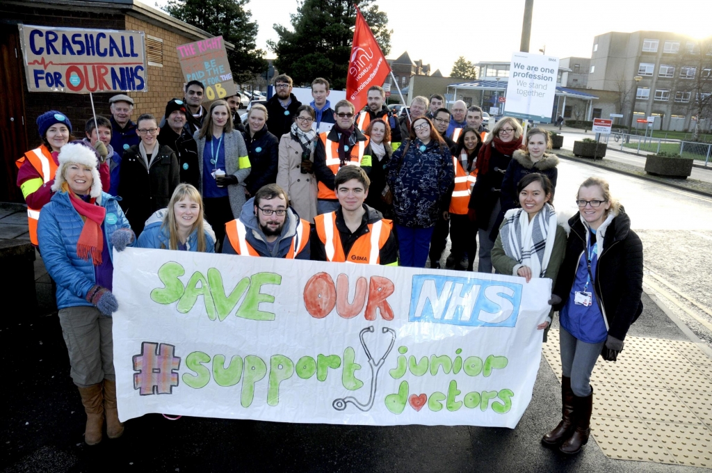 Junior doctors staged a picket line at Warrington Hospital today in protest over an'unsafe new contract