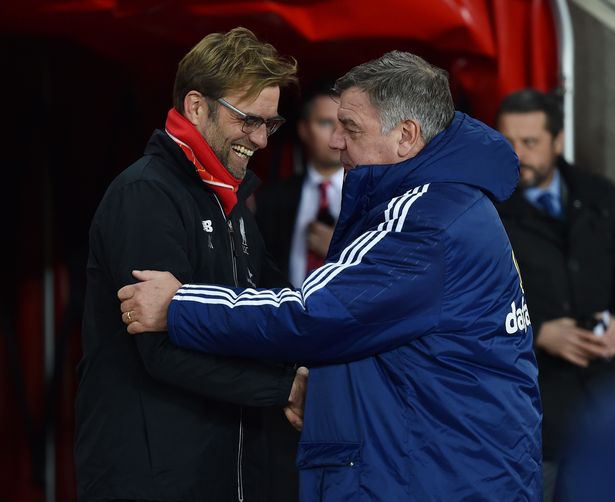 Jurgen Klopp and Sam Allardyce shake hands before the game between Liverpool and Sunderland