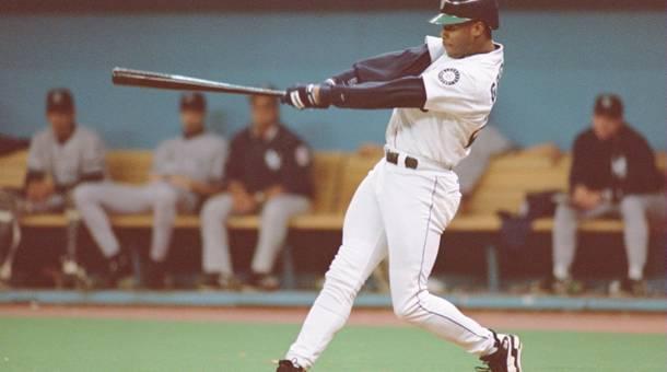 Ken Griffey Jr. playing for the Seattle Mariners hits a home run in a a game against the New York Yankees October 1995