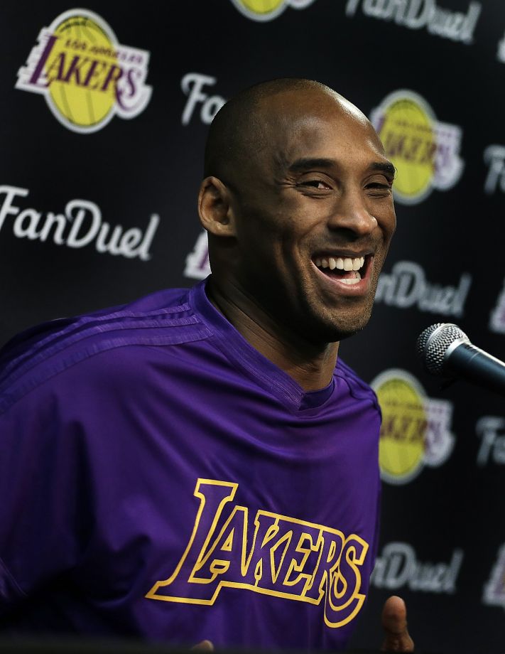 Los Angeles Lakers Kobe Bryant smiles during a media conference prior to an NBA basketball game against the Golden State Warriors Thursday Jan. 14 2016 in Oakland Calif