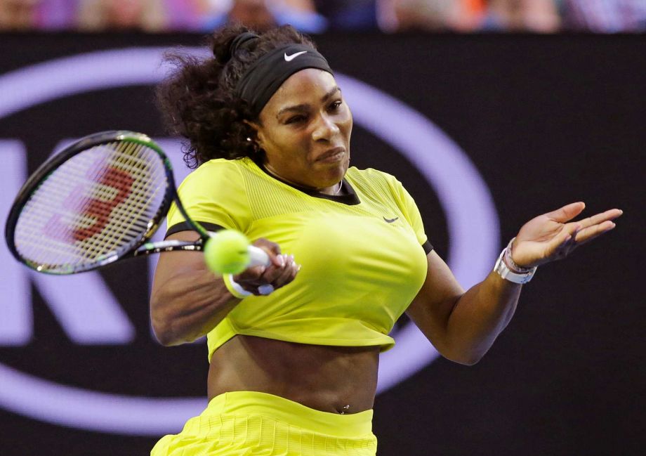 Serena Williams of the United States hits a forehand return to Daria Kasatkina of Russia during their third round match at the Australian Open tennis championships in Melbourne Australia Friday Jan. 22 2016