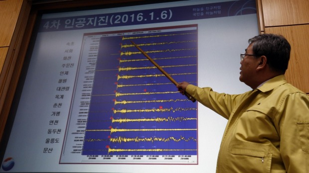 Korea Meteorological Administration official Ko Yun-hwa shows seismic waves that were measured in South Korean cities