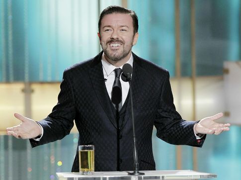 Host Ricky Gervais speaks onstage during the 73rd Annual Golden Globe Awards at The Beverly Hilton Hotel