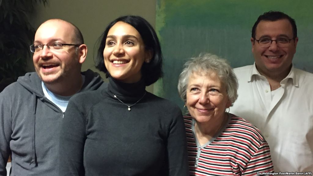 Former Iranian prisoner Jason Rezaian left is shown with his family shortly after his release. From second left his wife Yeganeh Salehi his mother Mary Rezaian and his brother Ali Rezaian