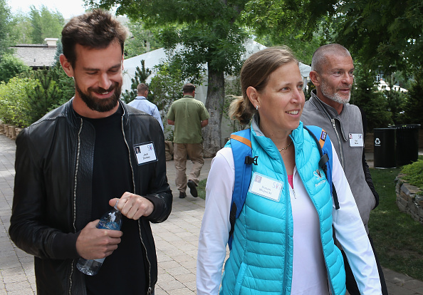 Jack Dorsey, co-founder of Twitter and founder and CEO of Square Susan Wojcicki, CEO of You Tube and Aviv'Vivi Nevo venture capitalist attend the Allen & Company Sun Valley Conference in July 2015