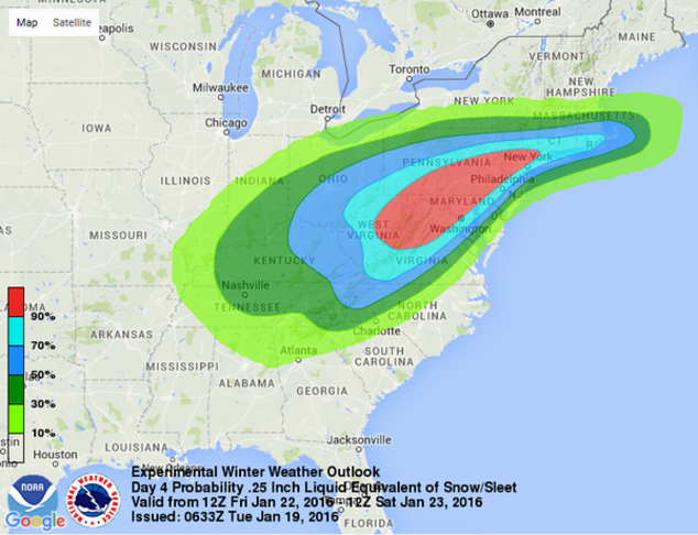 This image provided by National Oceanic and Atmospheric Administration's National Weather Service Weather Prediction Center shows an early computer