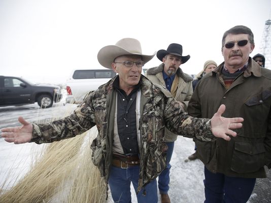 LaVoy Finicum a rancher from Arizona speaks to reporters at the Malheur National Wildlife Refuge which an armed group of protesers took over Jan. 2. near Burns Ore