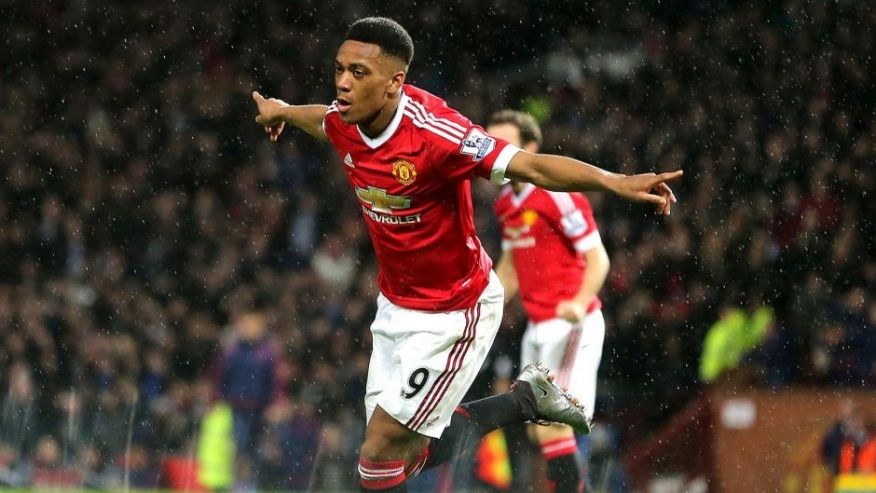 MANCHESTER ENGLAND- JANUARY 02 Anthony Martial of Manchester United celebrates after scoring a goal to make it 1-0 during the Barclays Premier League match between Manchester United and Swansea City at Old Trafford