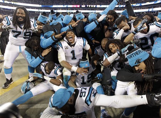 Some Carolina Panthers celebrate from the bench during the second half the NFL football NFC Championship game against the Arizona Cardinals Sunday Jan. 24 2016 in Charlotte N.C