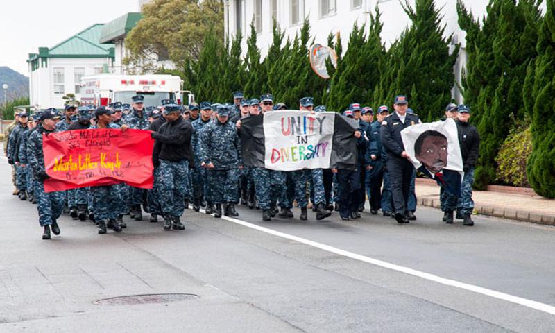 SASEBO Japan- Sailors participate in a “Peace March” on U.S. Fleet Activities Sasebo in honor of the 1963 March on Washington. Upon completion of the march in 1963 Dr. Martin Luther King gave his “I Have a Dream” speech to more than 250,000 peo