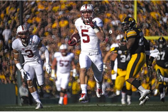 Stanford running back Christian Mc Caffrey scores against Iowa during first-half Rose Bowl action on Friday