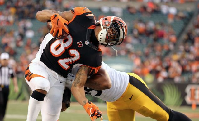 Marvin Jones is knocked out of bounds by a Steelers defender last month