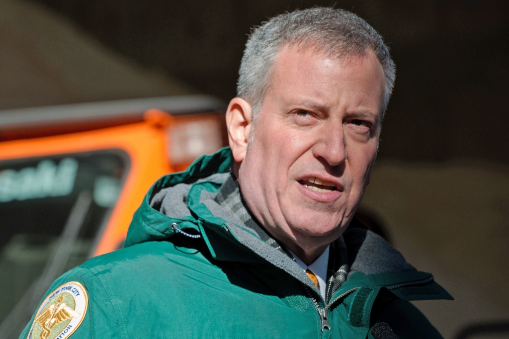 Mayor Bill de Blasio speaks about the city’s preparedness for the snowstorm at the Spring Street salt shed on Jan