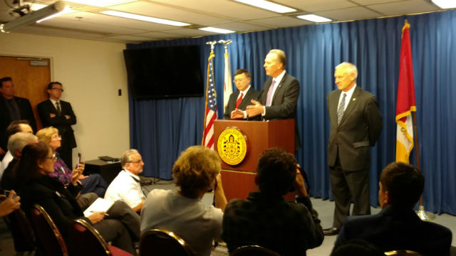 Mayor Kevin Faulconer speaks at the press conference as City Attorney Jan Goldsmith and Supervisor Ron Roberts look