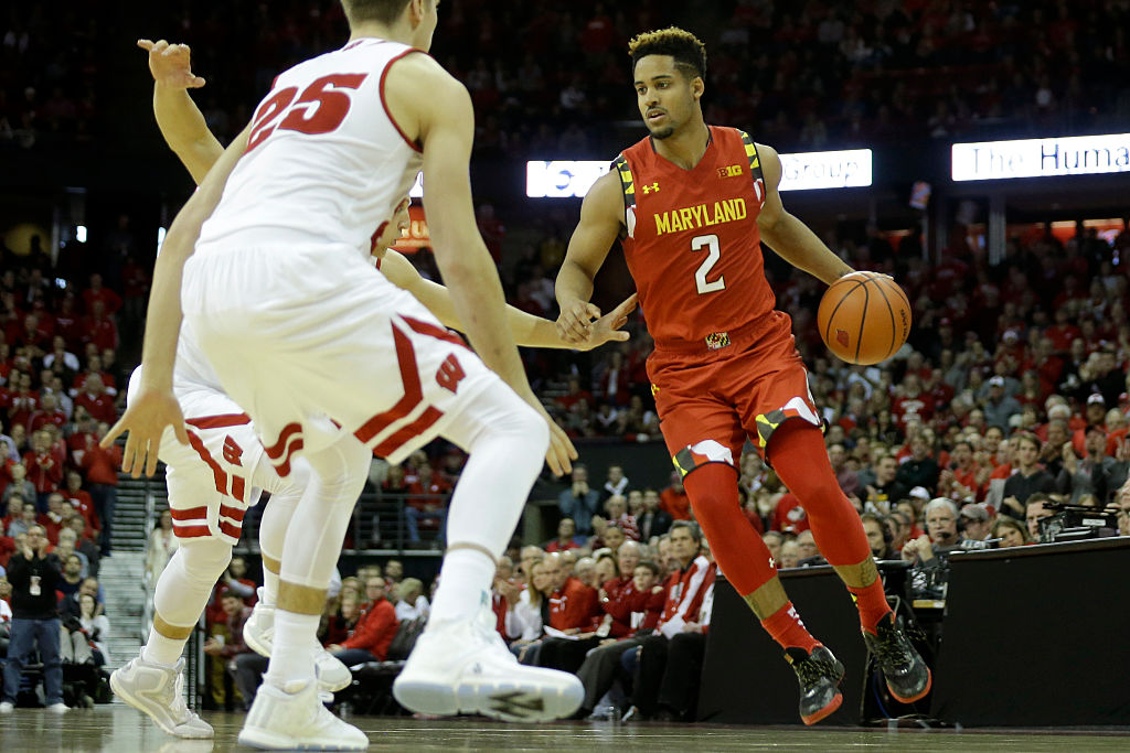 MADISON WI- JANUARY 09 Melo Trimble #2 of the Maryland Terrapins dribbles the basketball during the second half against Wisconsin Badgers at Kohl Center