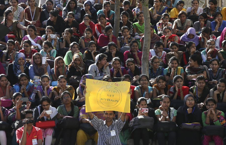 Indian students gather in Hyderabad last week to protest Facebook’s Free Basics limited Internet access