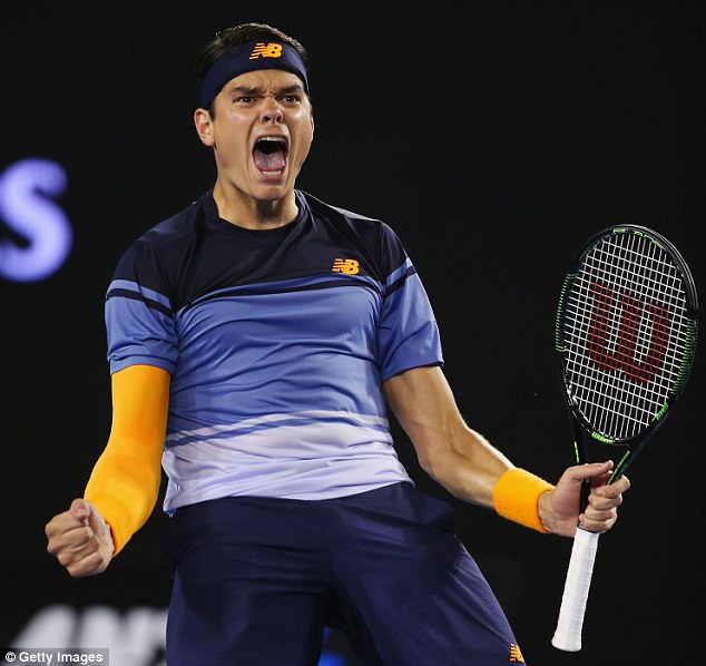 Milos Raonic celebrates after winning the Brisbane final