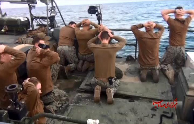 Iranian state-run IRIB News Agency on Wednesday Jan. 13 2016 shows detention of American Navy sailors by the Iranian Revolutionary Guards in the Persian Gulf Iran. Iranian state television is reporting that all 10 U.S. sai