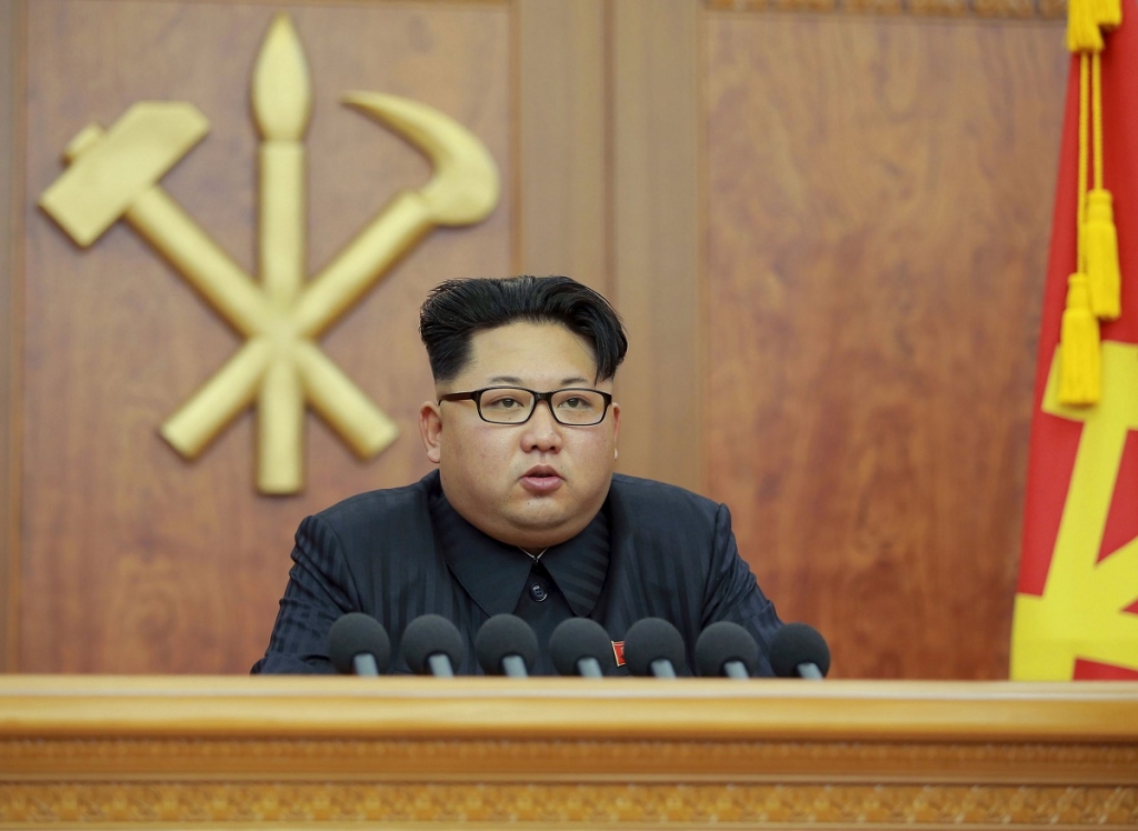 North Korean leader Kim Jong Un gives a New Year's address for 2016 in Pyongyang in this undated