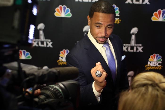 Jan 27 2015 Phoenix AZ USA NBC Sports analyst Rodney Harrison shows reporters his Super Bowl ring during the NBC Sports Group Press Conference at Media Center Press Conference Room B. Mandatory Credit Peter Casey-USA TODAY Sports