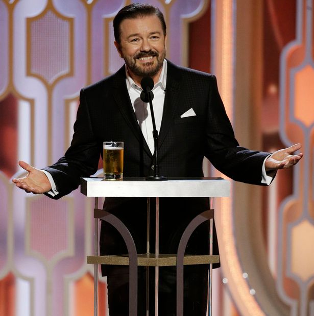 Host Ricky Gervais speaks onstage during the 73rd Annual Golden Globe Awards