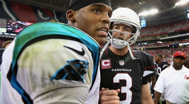 GLENDALE AZ- OCTOBER 06 Quarterback Carson Palmer #3 of the Arizona Cardinals shakes hands with quarterback Cam Newton #1 of the Carolina Panthers following the NFL game at the University of Phoenix Stadium