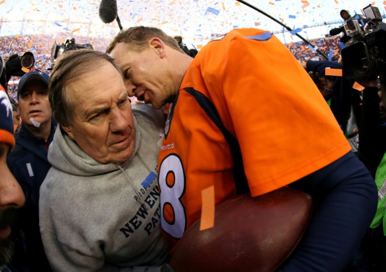 Getty  AFP  File  Doug Pensinger Peyton Manning #18 of the Denver Broncos and head coach Bill Belichick of the New England Patriots speak after the AFC Championship game