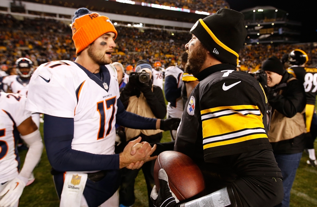 PITTSBURGH PA- DECEMBER 20 Brock Osweiler #17 of the Denver Broncos and Ben Roethlisberger #7 of the Pittsburgh Steelers talk after the game at Heinz Field